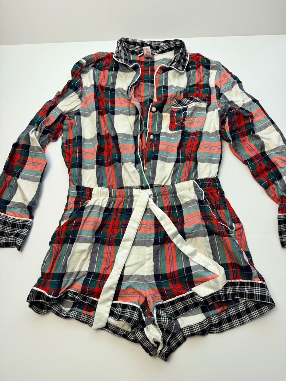 Victoria’s Secret Plaid Romper Women’s M Long Sleeve Pajama One Piece Sleepwear